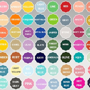 May include: A chart of 60 color swatches with names for each color. The colors are arranged in rows and columns. The colors include blush, apricot, yellow, light blue, lime, red, peach, rose, champagne, orange, turquoise, dusty blue, green, gray, mauve, gold, coral, mustard, dusty purple, royal blue, jasper, stone, dusty rose, ice green, citrus, camel, lilac, slate, forest green, moss, magenta, salmon pink, amber, rust, purple, navy, emerald, olive, aqua, tea green, Aegean blue, light yellow, ice blue, baby blue, sky blue, light brown, ballet slipper, flamingo, powder blue, dark gray, pink, lavender, space blue, Bondi blue, hot pink, and dark purple.
