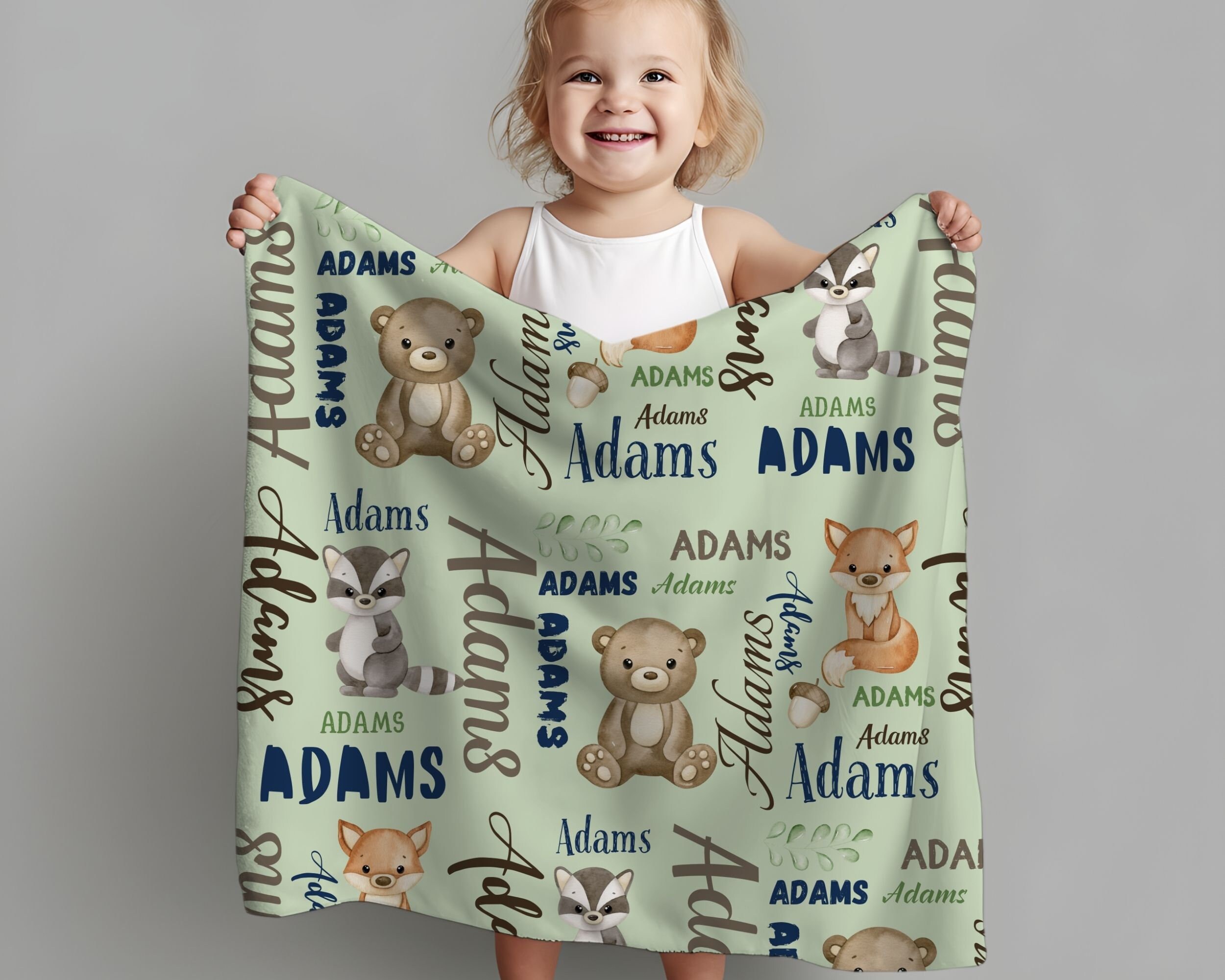 Personalized Baby Blanket With Name - Woodland Animals Pattern, Custom Fleece Blanket Gift