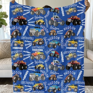 Personalized Monster Trucks Blanket, Birthday Gift for Baby Boys, Custom Gift for Newborn Baby, Baby Boy Bedding Gift, Toddler Boy Blanket