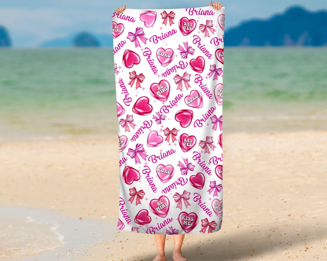 Custom Candy Hearts Beach Towel: Personalized Valentine's Gift