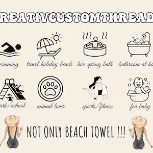May include: A graphic design with black and white illustrations of different activities and hobbies. The text "CREATIVCUSTOMTHREADS" is at the top of the image. The text "NOT ONLY BEACH TOWEL!!!" is at the bottom of the image.