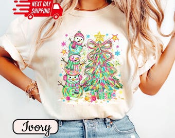 Comfort Colors Colorful Coquette Snowman Shirt: Brushstroke Christmas T-Shirt for Kids