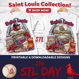 Könnte beinhalten: Weiße T-Shirts mit Designs zum Thema Saint Louis. Ein Shirt zeigt ein Kardinal-Maskottchen und das andere einen Baseball. Beide Shirts enthalten den Text "Saint Louis", "Kingshighway" und "314 Day".