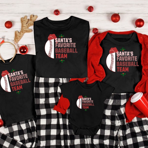 Santa favorite baseball team Christmas pajamas Family matching Baseball player sweatshirt Christmas gift for baseball mom black pajamas
