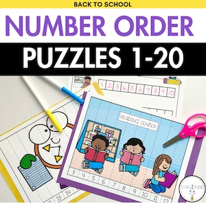 May include: A set of printable number order puzzles for kids. The puzzles feature a clock, a reading center, and a classroom scene. The puzzles are designed to help children learn to count from 1 to 20.