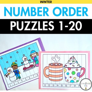 Peut inclure: Deux puzzles d'ordre numérique imprimables pour enfants sur le thème de l'hiver. Le premier puzzle montre un bonhomme de neige et une fille en vêtements d'hiver. Le deuxième puzzle montre une tasse de chocolat chaud et une tasse de chocolat chaud. Les deux puzzles ont les nombres de 1 à 20.