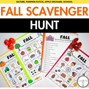 Puede incluir: Hojas de búsqueda del tesoro de otoño coloridas con ilustraciones de calabazas, manzanas y elementos escolares. El texto "FALL SCAVENGER HUNT" se muestra de forma destacada. Bellotas y calabazas decorativas se colocan en las hojas.