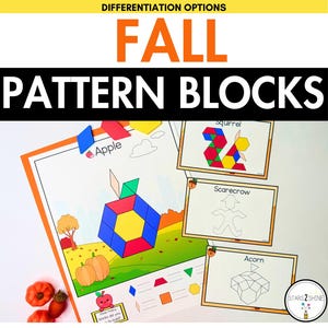 May include: Educational fall-themed pattern block activity. The image features the words "FALL PATTERN BLOCKS" and includes illustrations of an apple, squirrel, scarecrow, and acorn. The apple is constructed from colorful geometric shapes.
