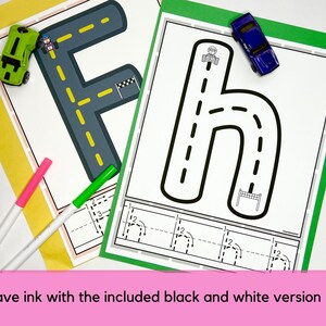 May include: Two printable worksheets for tracing the letters F and H. Each letter is shaped like a racetrack with a small car at the start. The worksheets include dotted lines for tracing and a space for practising writing the letter.
