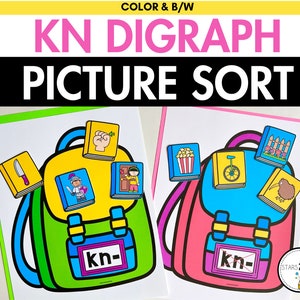 May include: A colorful educational graphic titled "KN DIGRAPH PICTURE SORT" features two backpacks, one green and one pink, each with attached picture cards. The cards depict images like a knife, a hand, and a knight, designed for learning.
