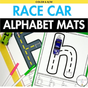 Tapetes de formação de letras de carros de corrida | Atividade motora fina do alfabeto de estrada | Trace letras para educação domiciliar | Tapetes de alfabeto de estrada