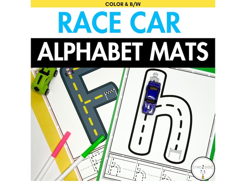 May include: Two alphabet mats featuring the letters F and H. Each mat has a black and white race track design with a small toy car on the track. The mats are labelled "Race Car Alphabet Mats" at the top.