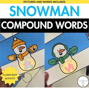 Puede incluir: Dos ilustraciones de muñecos de nieve con las palabras compuestas "fire" y "cracker" impresas en ellas. Las ilustraciones están sobre fondos azules con nieve blanca. El texto "FLASHLIGHT ACTIVITY" está impreso en una estrella amarilla. El texto "STARS 2 SHINE" está impreso en una pequeña estrella.