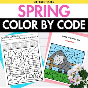 May include: Two black and white printable worksheets featuring a color by subtraction activity with a spring theme. The worksheets feature a lamb and a flower. The answer key is included on the second worksheet. "Spring into Laughter" and "Color by Subtraction" are the titles of the worksheets.