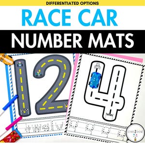 May include: Educational number mats with race car themes. The mats feature the numbers 1, 2, and 4 designed as race tracks, with toy cars and dotted lines for tracing. The text "RACE CAR NUMBER MATS" is displayed at the top.