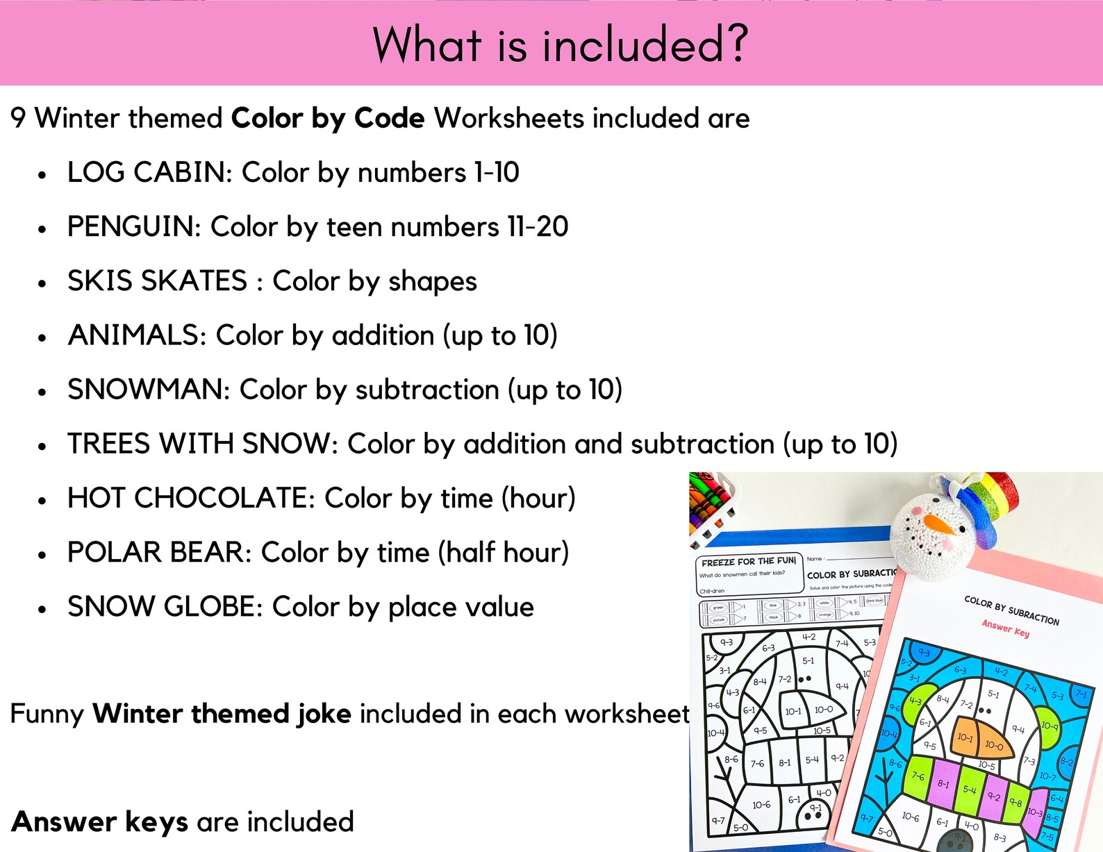 Winter Color by Code | Winter Color by Number Addition Subtraction ...