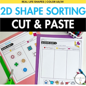 2D Shape Sorting Cut and Paste Activity Worksheets for Kindergarten | Homeschool 2D Shape Sort for Kindergarten and 1st Grade