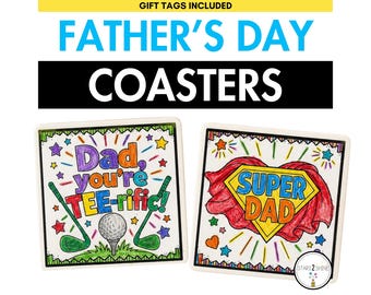 Fathers Day Coaster Craft for Kids | Tile Coaster Fathers Day Activity with Gift Tags | Printable Gift Ideas for Dad, Uncle, Grandpa, Papa