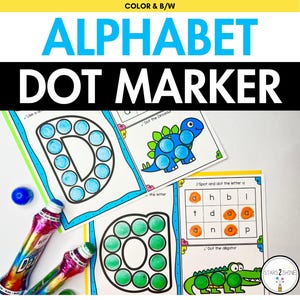 May include: Educational activity set featuring the words "ALPHABET DOT MARKER". Includes dot marker worksheets with letters and images of a dinosaur and alligator. Colorful dot markers are also visible.