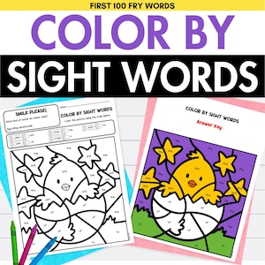 May include: Two black and white coloring pages featuring a chick hatching from an egg. The pages are titled "Color by Sight Words" and include a color key. The first page has a "Smile Please" section with a list of sight words.