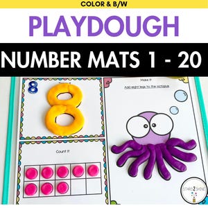 May include: Playdough number mats 1-20 educational activity sheet featuring a yellow number eight made of clay, a ten-frame with nine pink clay circles, and a purple octopus illustration with eight purple clay legs and text instructions.