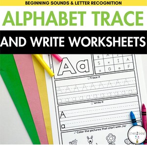 Hojas de trabajo para trazar y escribir el alfabeto / Sonidos iniciales y reconocimiento de letras / Actividad imprimible del abecedario / Educación en casa para preescolar y jardín de infantes