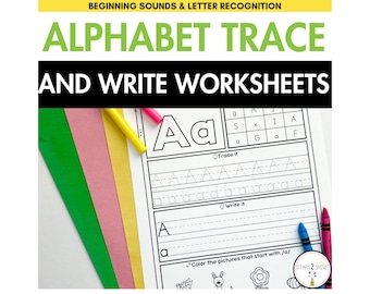 Alphabet Trace and Write Worksheets | Beginning Sounds & Letter Recognition | ABC Printable Activity | Homeschool Preschool and Kindergarten