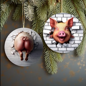 Weihnachten Lustiges Ornament Schwein Durch Wand 3 &quot;Rund Doppelseitig.