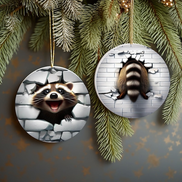 Christmas Funny Ornament Racoon Through Wall 3"Round Double Sided