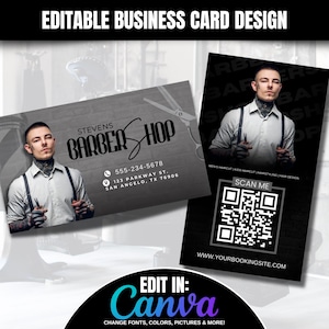 2025 Instagram Barbershop Business Card Template, Editable Black white Barber Business Canva Card Design, Digital QR Code DIY Calling Card
