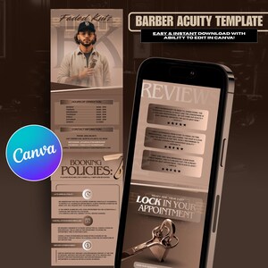 May include: A barber shop template with a photo of a barber, hours of operation, contact information, and booking policies. A smartphone displays customer reviews and a lock with scissors. The Canva logo is visible.
