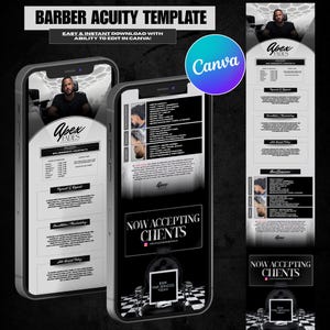 May include: A digital template for a barber shop, displayed on two smartphones. The template includes service lists, payment details, and contact information. The design is black and white with the text "BARBER ACUITY TEMPLATE" and "NOW ACCEPTING CLIENTS".