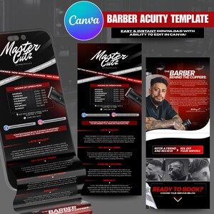 May include: A digital marketing template for a barbershop, featuring the business name "Master Cutz" in white script. The design includes hours of operation, late policy, and booking information. The template is easy to edit in Canva.