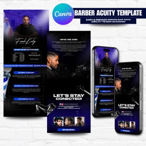Könnte beinhalten: Eine digitale Vorlage für einen Friseursalon mit einem dunkelblauen und schwarzen Design. Die Vorlage enthält den Text "Fresh Kuty", Geschäftsinformationen und den Satz "Bleiben wir in Verbindung!" Das Design wird auf einem Flyer und zwei Smartphone-Bildschirmen angezeigt.