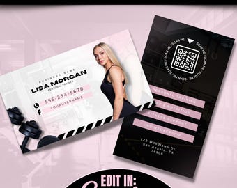 May include: Editable business card template for a personal trainer. The card features a black and white design with a pink background. The card includes the trainer's name, phone number, social media handle, and a QR code. The text "Edit in: Canva" is also included on the card.