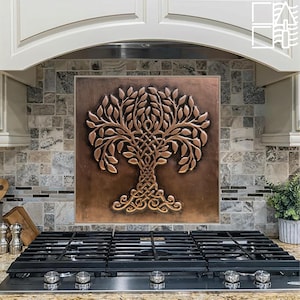 Hand Engraved Copper Tree of Life Tile: Rustic Kitchen Backsplash