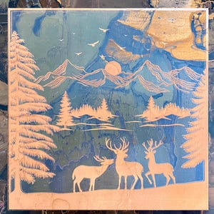 Deer in Nature, Laser Engraved Patterned, Handmade Copper Tiles – 20x20 cm (7.8 x 7.8 inches), A Natural and Stylish Decoration Piece