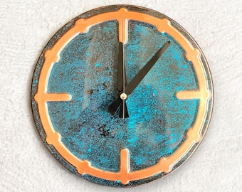 Handmade Blue Copper Wall Clock: Modern Rustic Metal Art
