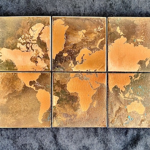Mapa del mundo de azulejos de cobre hechos a mano, 10 x 10 cm, juego de 6, decoración única para el hogar, arte de pared moderno, mapa del mundo de azulejos de cobre, idea de regalo, azulejos de cobre