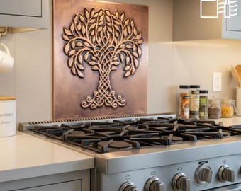 Hand Engraved Copper Tree of Life Tile: Rustic Kitchen Backsplash