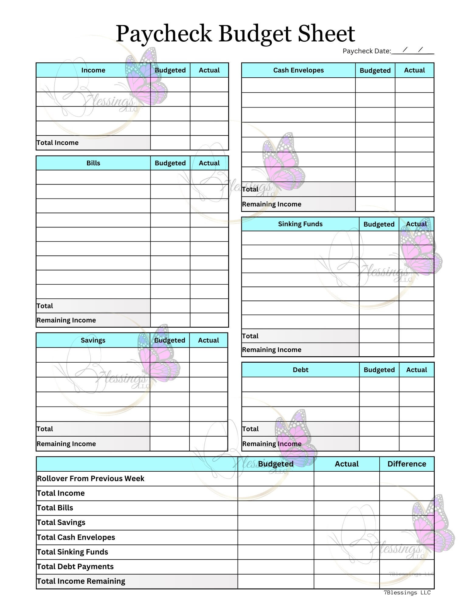Printable Paycheck Budget Worksheet digital Etsy Printable Paycheck Budget Worksheet digital Etsy