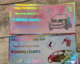 Driving lessons gift -  learner driver - personalised driving lessons - foiled ticket - personalised voucher -  foil ticket - birthday gift