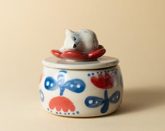 Handmade Ceramic Lidded Box: Sleeping Baby Fox and Flower Painting