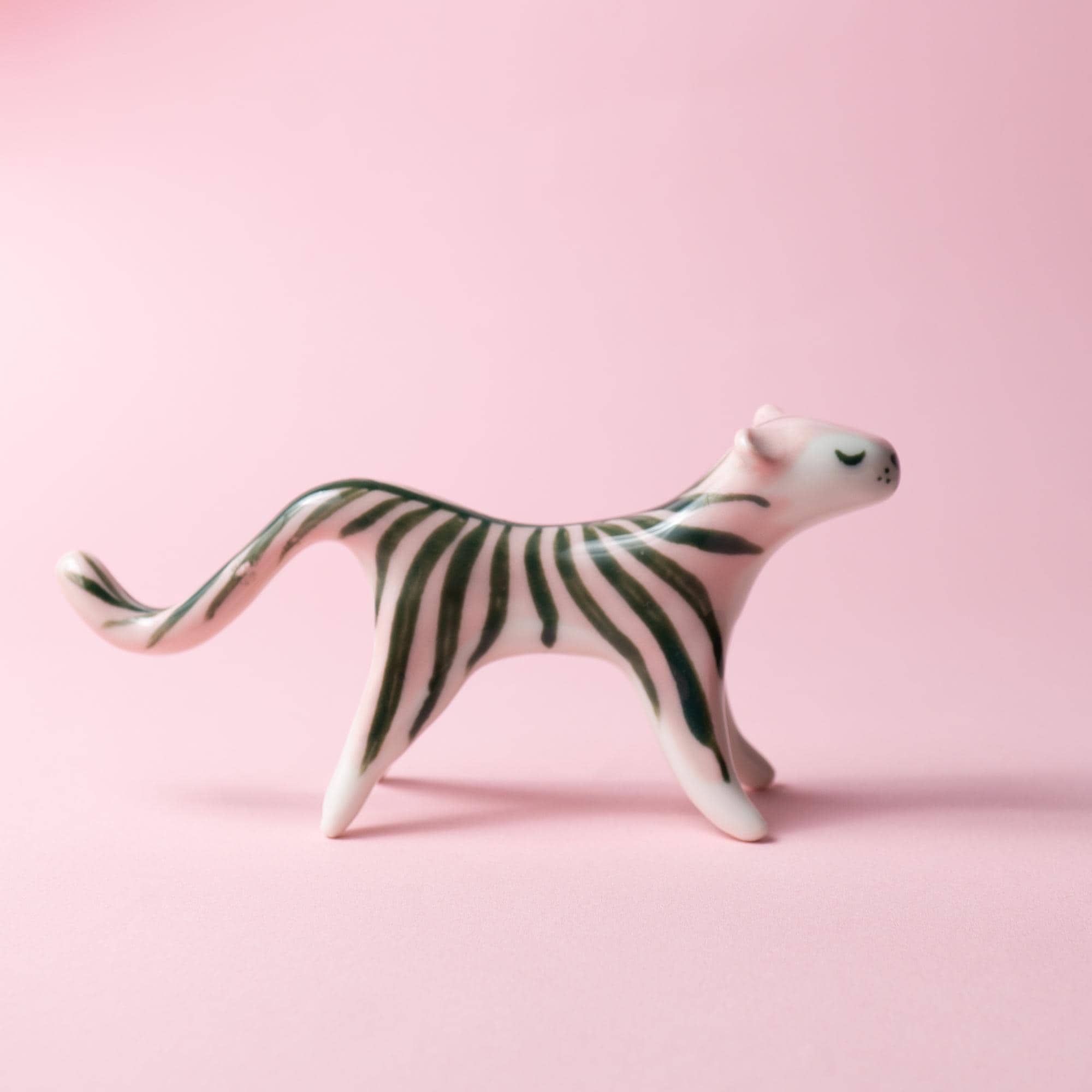 LEANDER pink porcelain tiger with a plant leaf pattern. Perfect handmade gift for someone special.