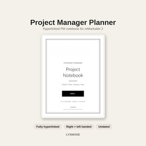 Project Manager Planner for reMarkable 2 | Hyperlinked Risk Register & Decision Log | Meeting Notes