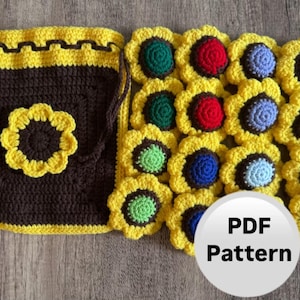 May include: A crocheted sunflower-themed drawstring bag with a set of 16 crocheted sunflower-shaped tokens in various colors. The text "PDF Pattern" is visible on a white circle.