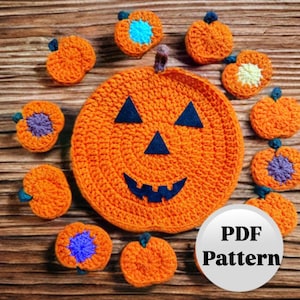 May include: A crocheted pumpkin pattern with a large orange pumpkin in the center and smaller pumpkins surrounding it. The pattern includes instructions for making the pumpkins and a PDF pattern.