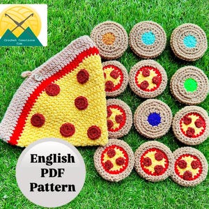 May include: A collection of handmade crochet items, including a pizza-shaped pouch and several pizza-themed coasters. The pizza pouch is yellow with red pepperoni and a brown crust. The coasters feature various toppings and colors. The image includes the text "English PDF Pattern".