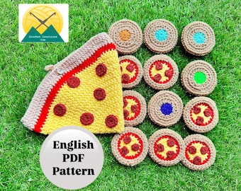 May include: A collection of handmade crochet items, including a pizza-shaped pouch and several pizza-themed coasters. The pizza pouch is yellow with red pepperoni and a brown crust. The coasters feature various toppings and colors. The image includes the text "English PDF Pattern".