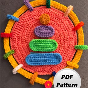 Può includere: Un modello di cellula all'uncinetto con una membrana cellulare rosa, uno strato esterno giallo e strutture interne colorate. Il testo "PDF Pattern" è su un cerchio bianco.